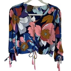 Charlie Paige Crop Top Blouse Sz M Tie Front Tassels Bold Floral Colorful Fairy